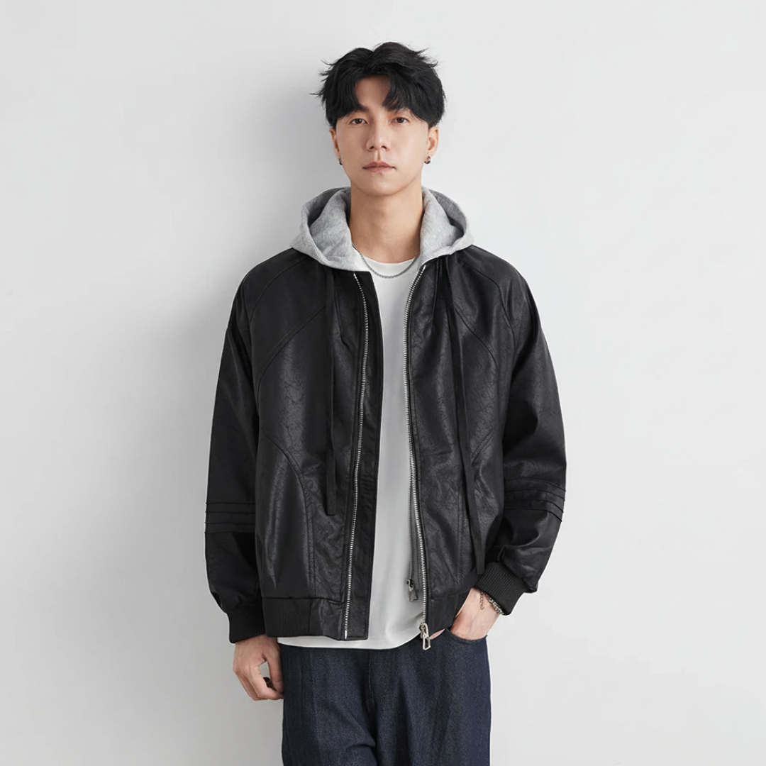 Faux Leather Motorcycle Jacket with Hood