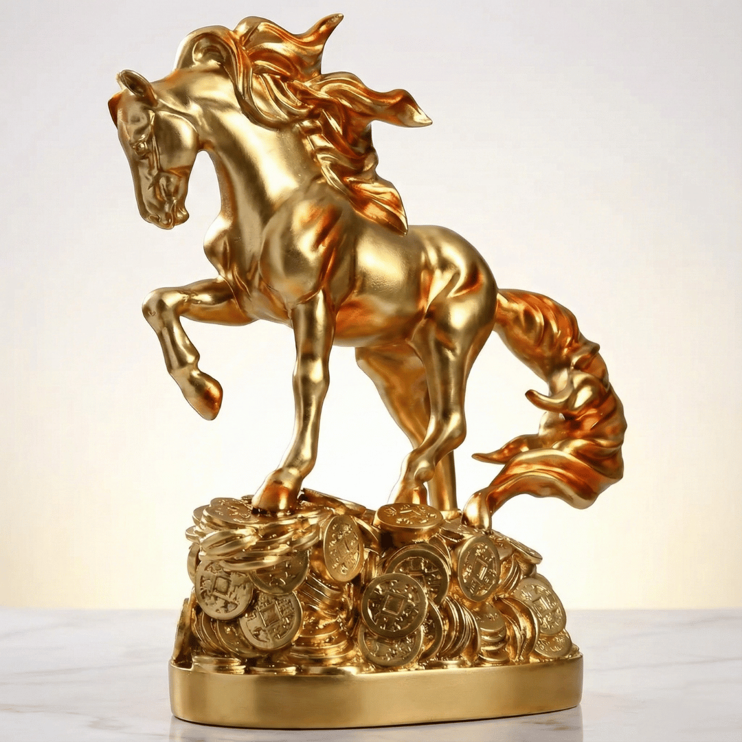 GALLOPING HORSE WITH TREASURE COINS | 14-Inch Brass Feng Shui Sculpture