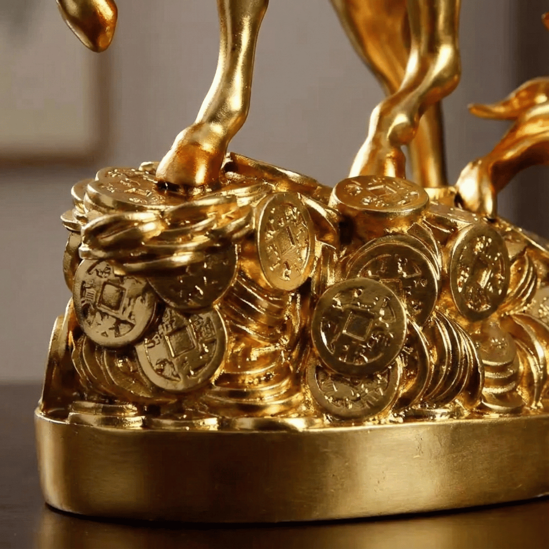 GALLOPING HORSE WITH TREASURE COINS | 14-Inch Brass Feng Shui Sculpture