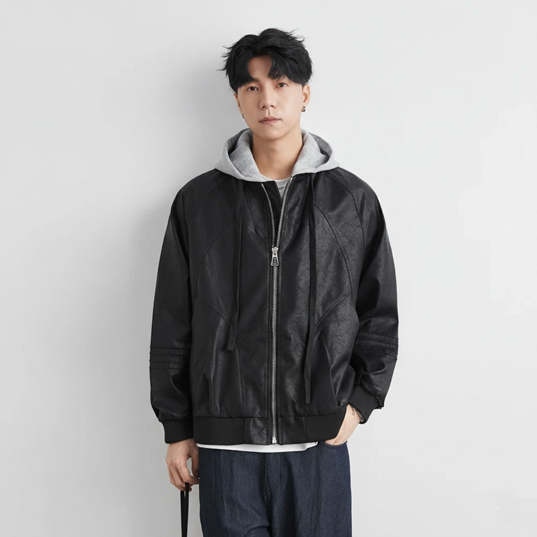 Faux Leather Motorcycle Jacket with Hood