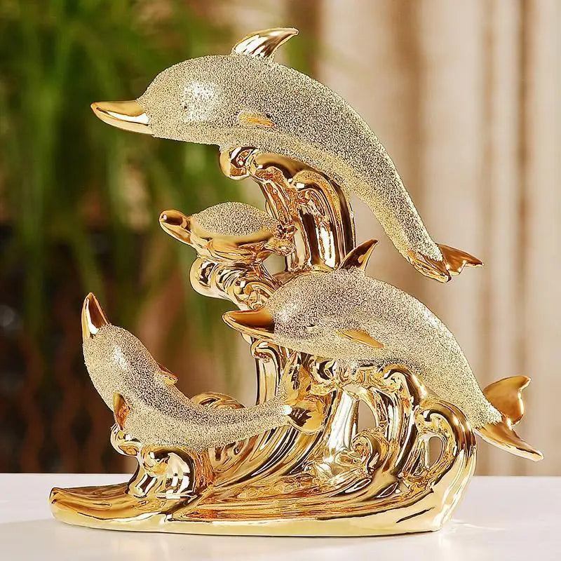 Leaping Trio - Three Dolphins on Golden Waves Sculpture