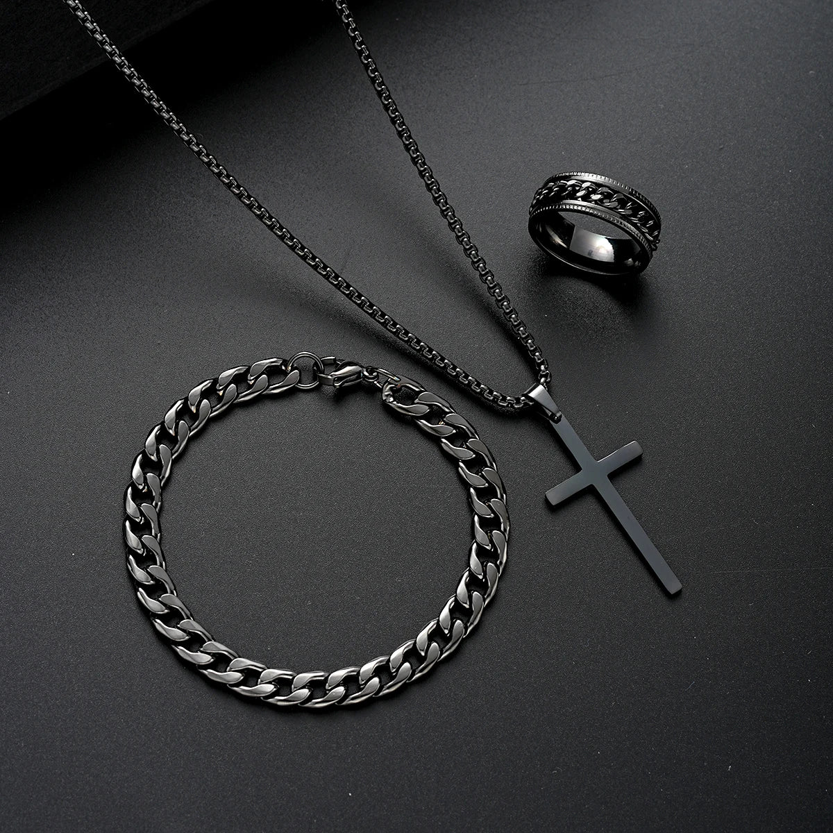 TrinitySteel™ – Pendent da Cross, Ring engravà & Set da Braccialett