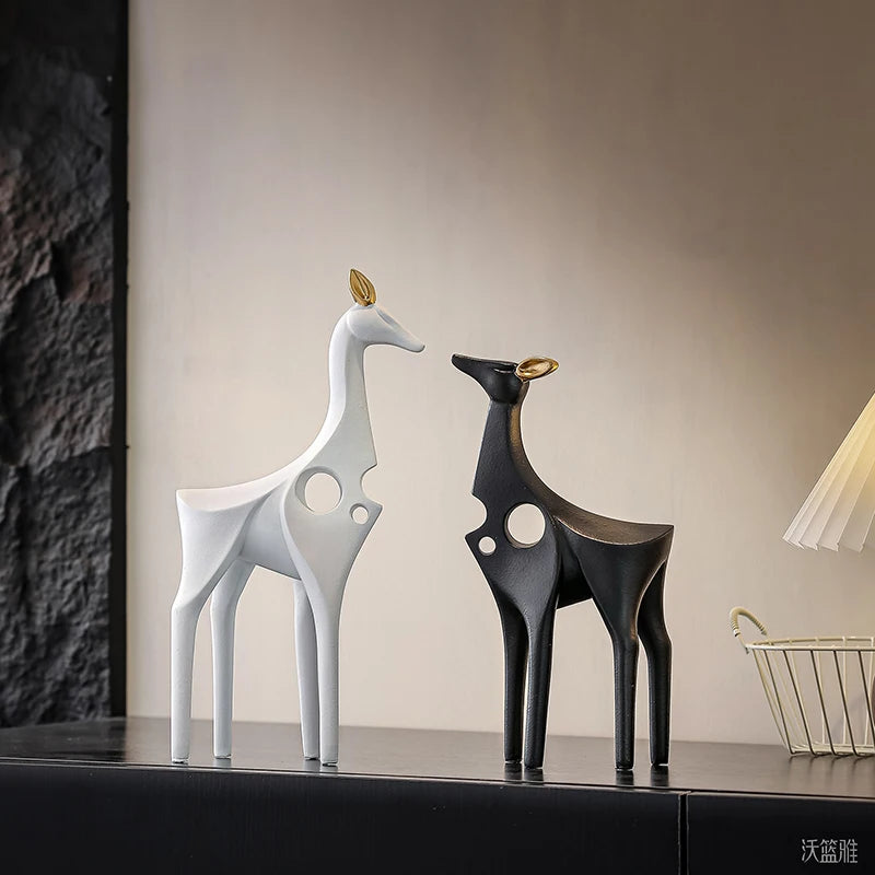 Black and White Ceramic Deer Statue Pair