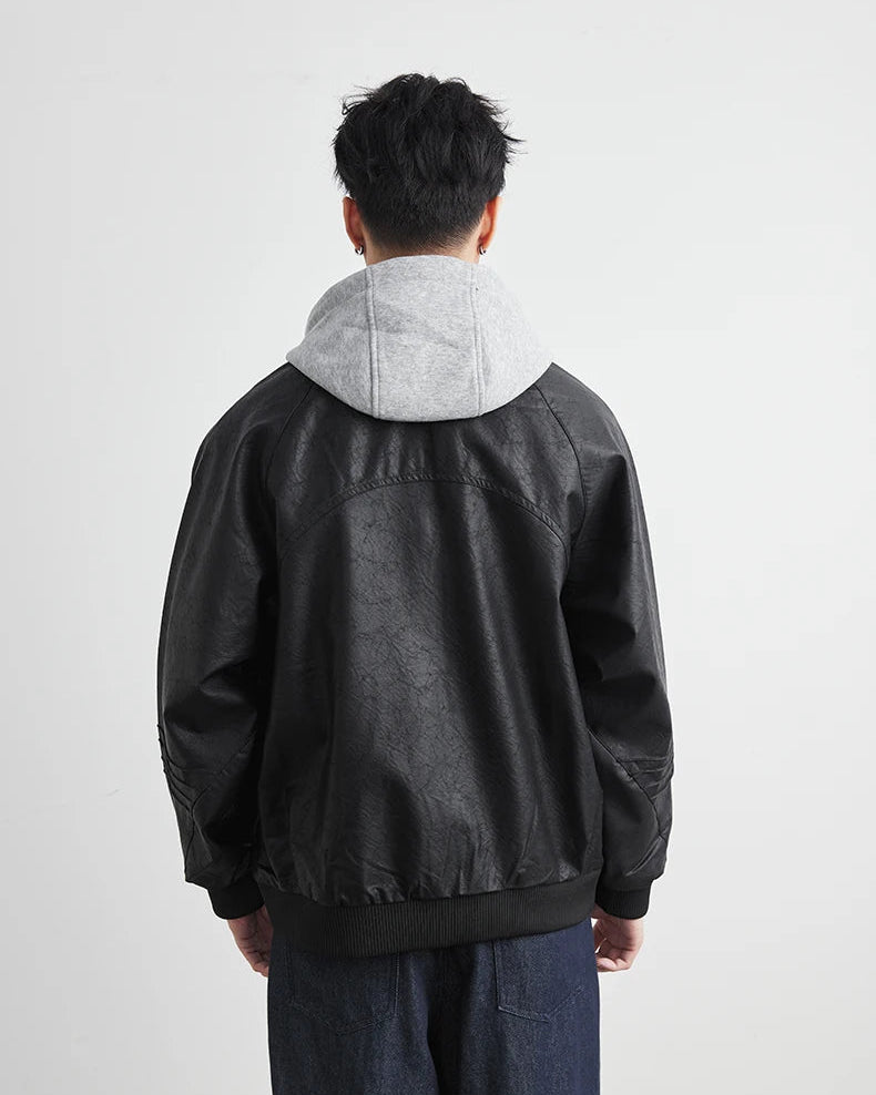 Faux Leather Motorcycle Jacket with Hood