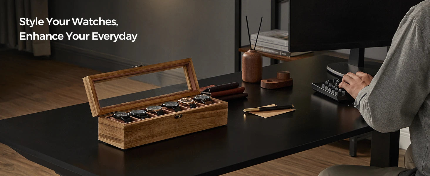 Rustic 6-Slot Wooden Watch Display Box with Glass Lid and Velvet Lining