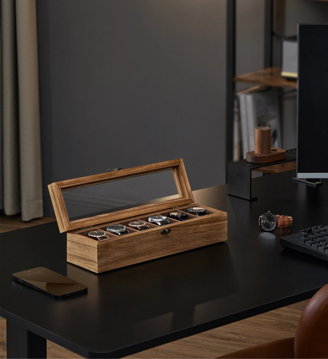 Rustic 6-Slot Wooden Watch Display Box with Glass Lid and Velvet Lining