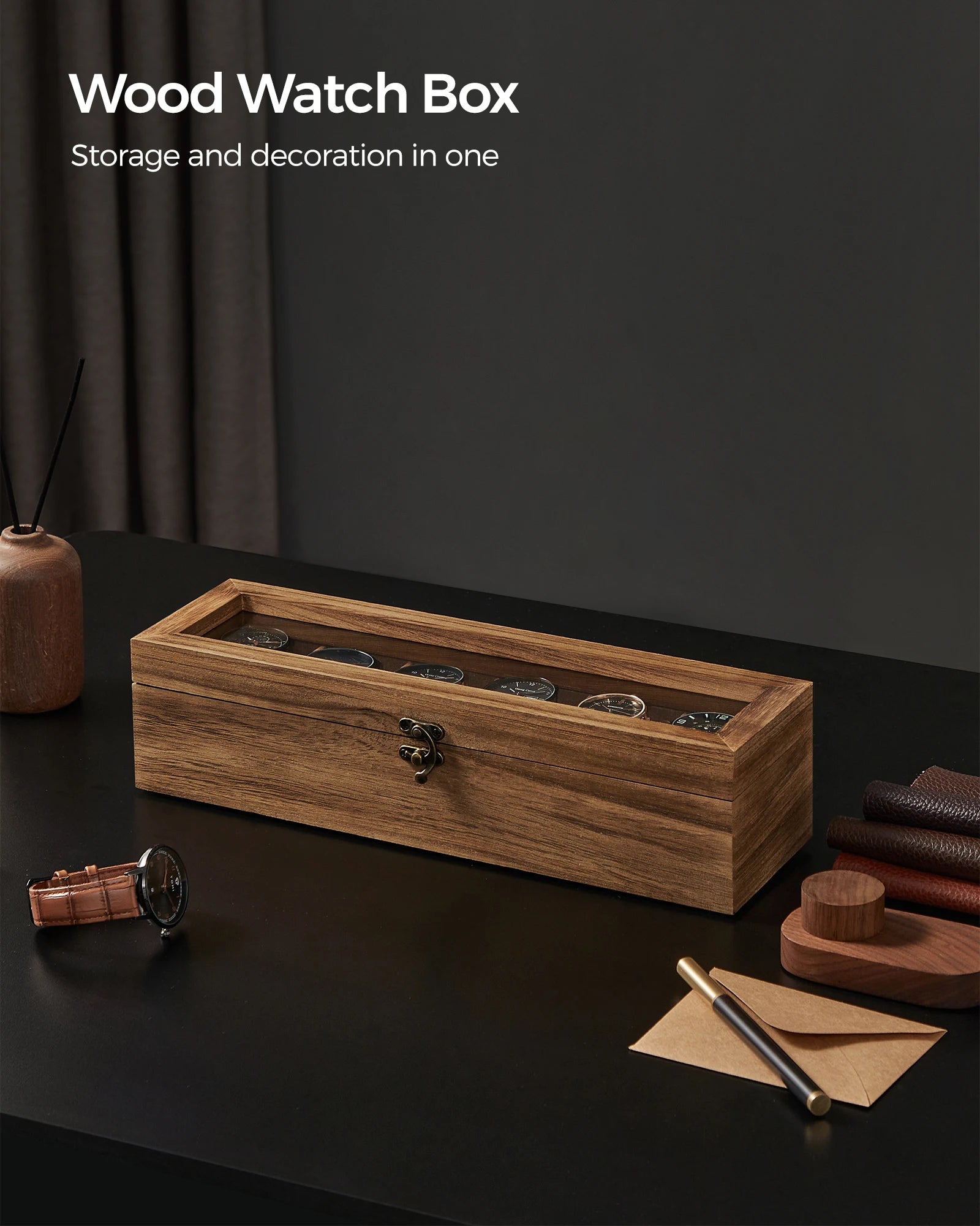 Rustic 6-Slot Wooden Watch Display Box with Glass Lid and Velvet Lining