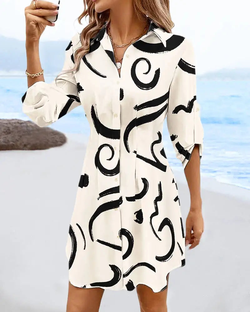 Serenity Abstract Waist-Cinch Dress – White