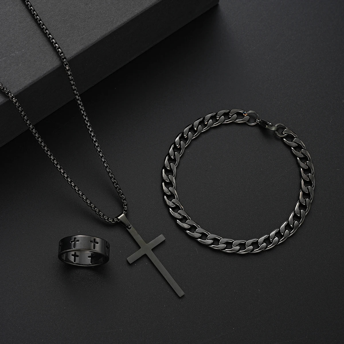 TrinitySteel™ – Pendent da Cross, Ring engravà & Set da Braccialett
