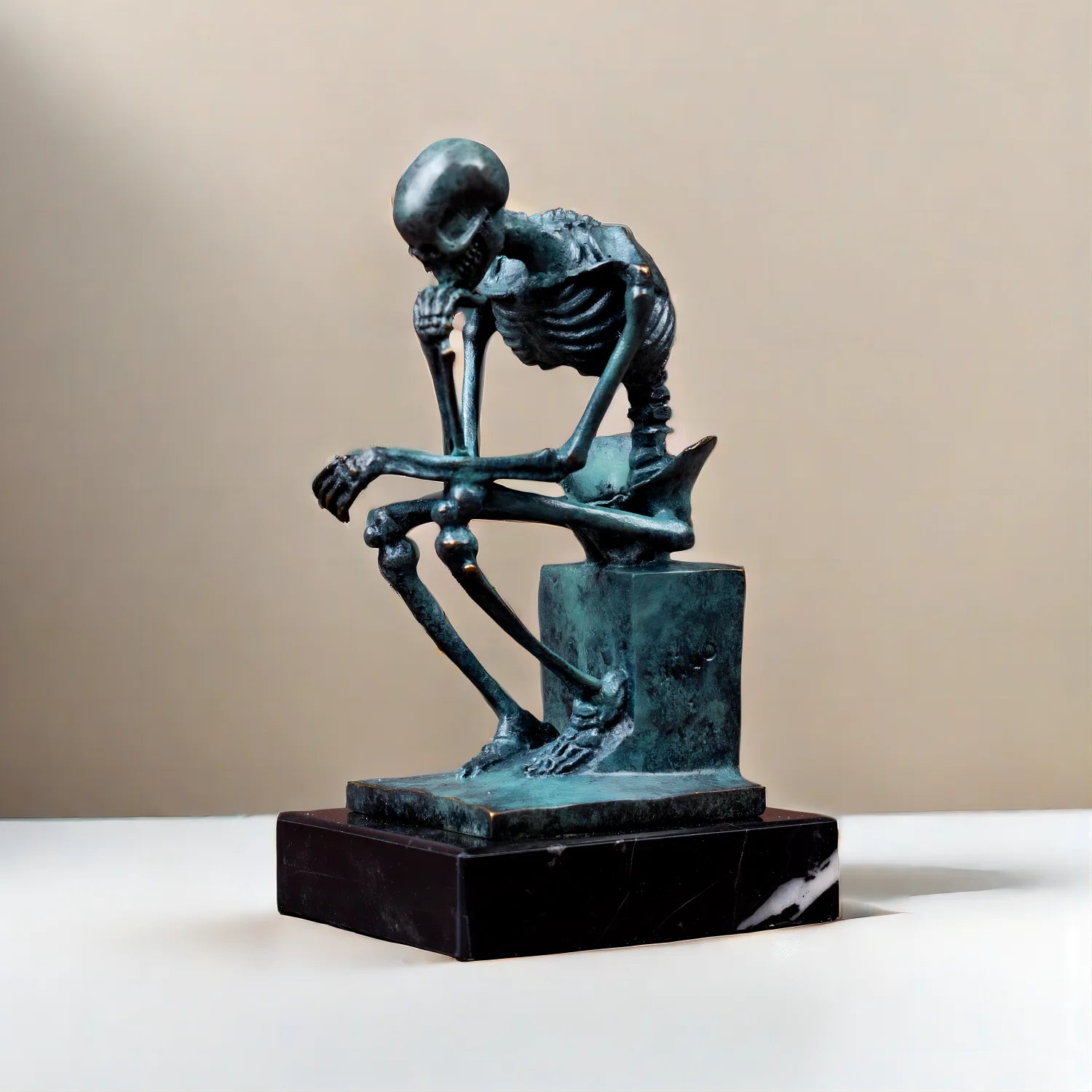 The Mortality - Skull Thinker Bronze Sculpture on Marble Base