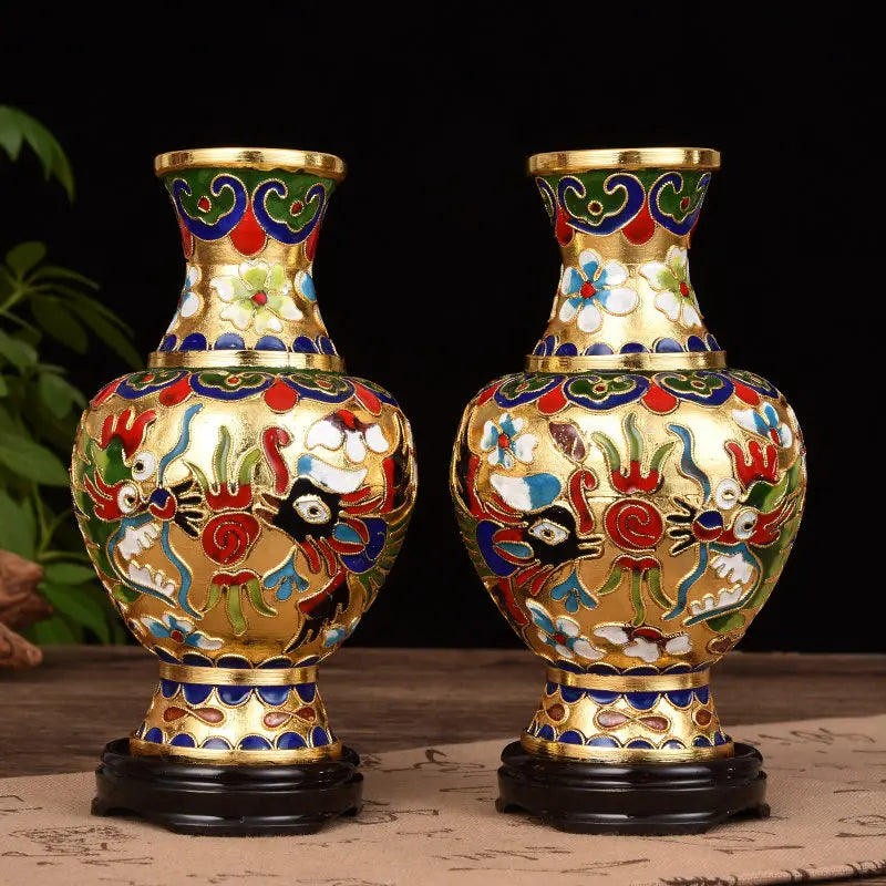 Imperial Pair - Cloisonné Enamel Vases with Floral Motifs