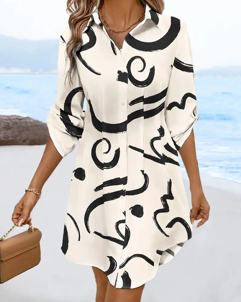 Serenity Abstract Waist-Cinch Dress – White