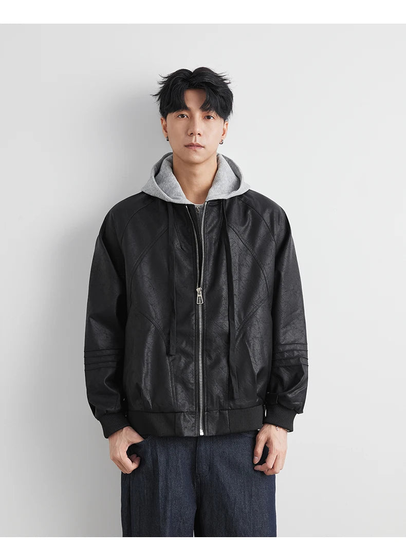 Faux Leather Motorcycle Jacket with Hood