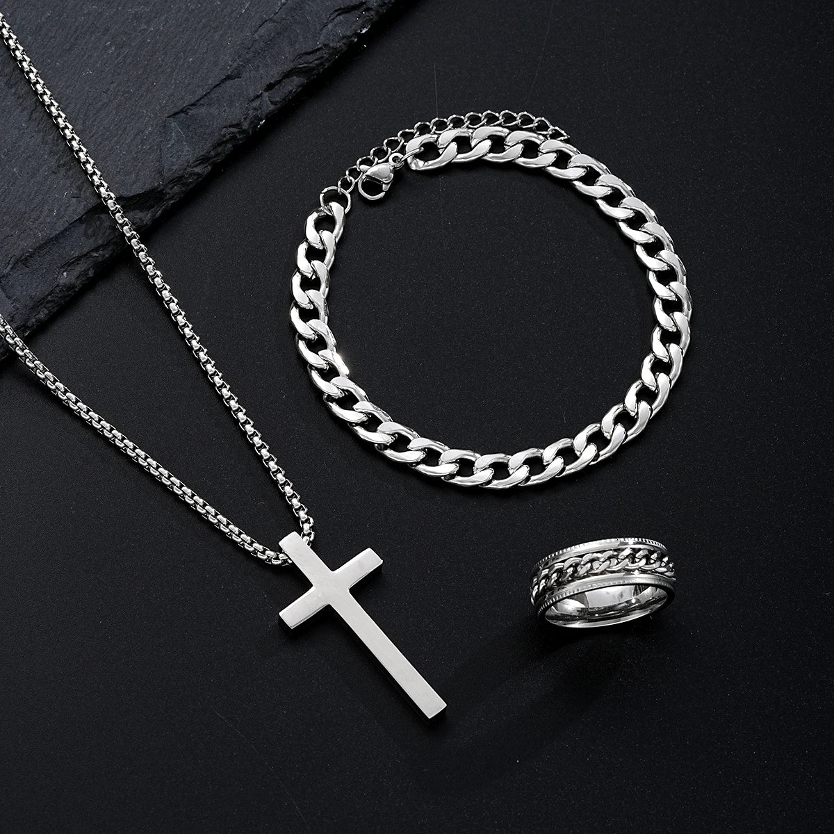 TrinitySteel™ – Pendent da Cross, Ring engravà & Set da Braccialett