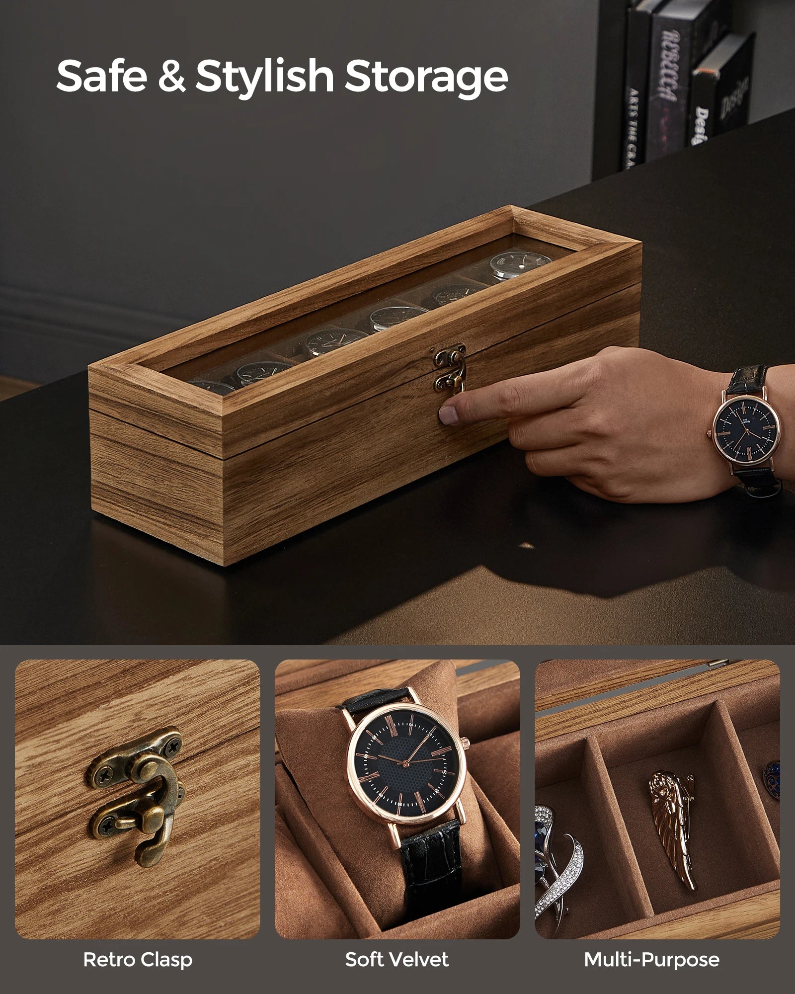 Rustic 6-Slot Wooden Watch Display Box with Glass Lid and Velvet Lining
