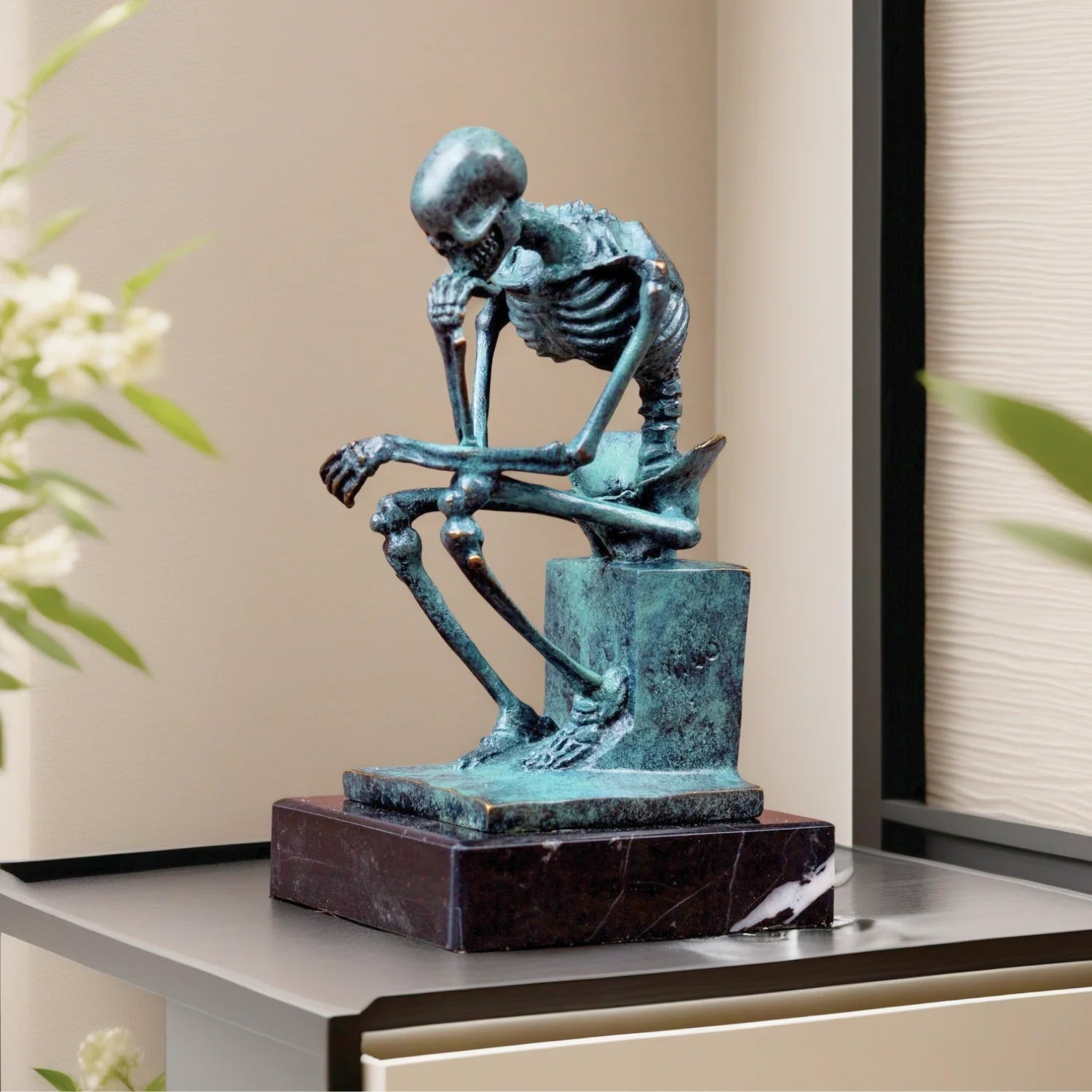 The Mortality - Skull Thinker Bronze Sculpture on Marble Base