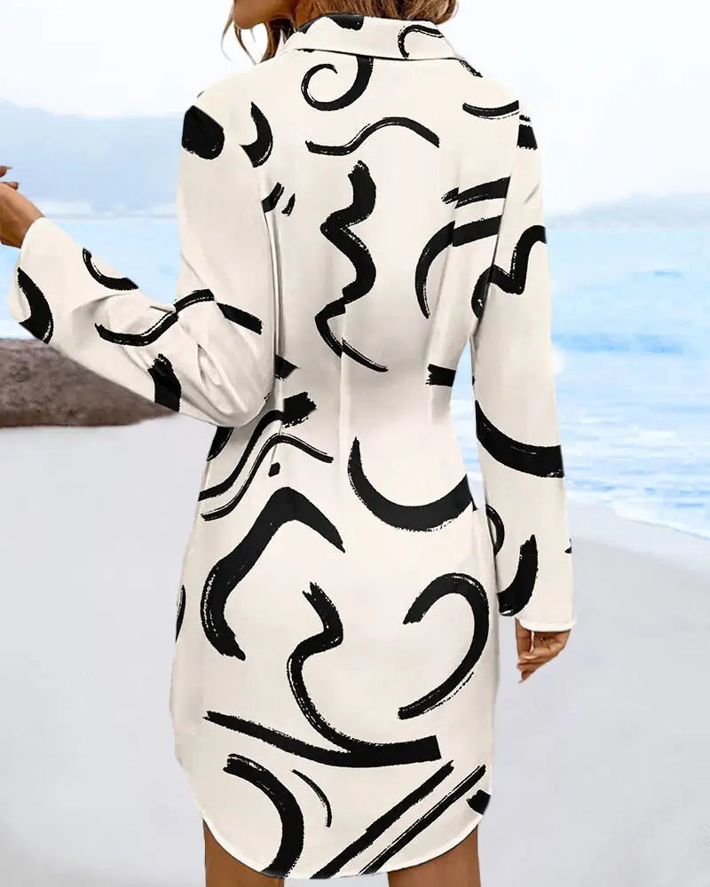 Serenity Abstract Waist-Cinch Dress – White