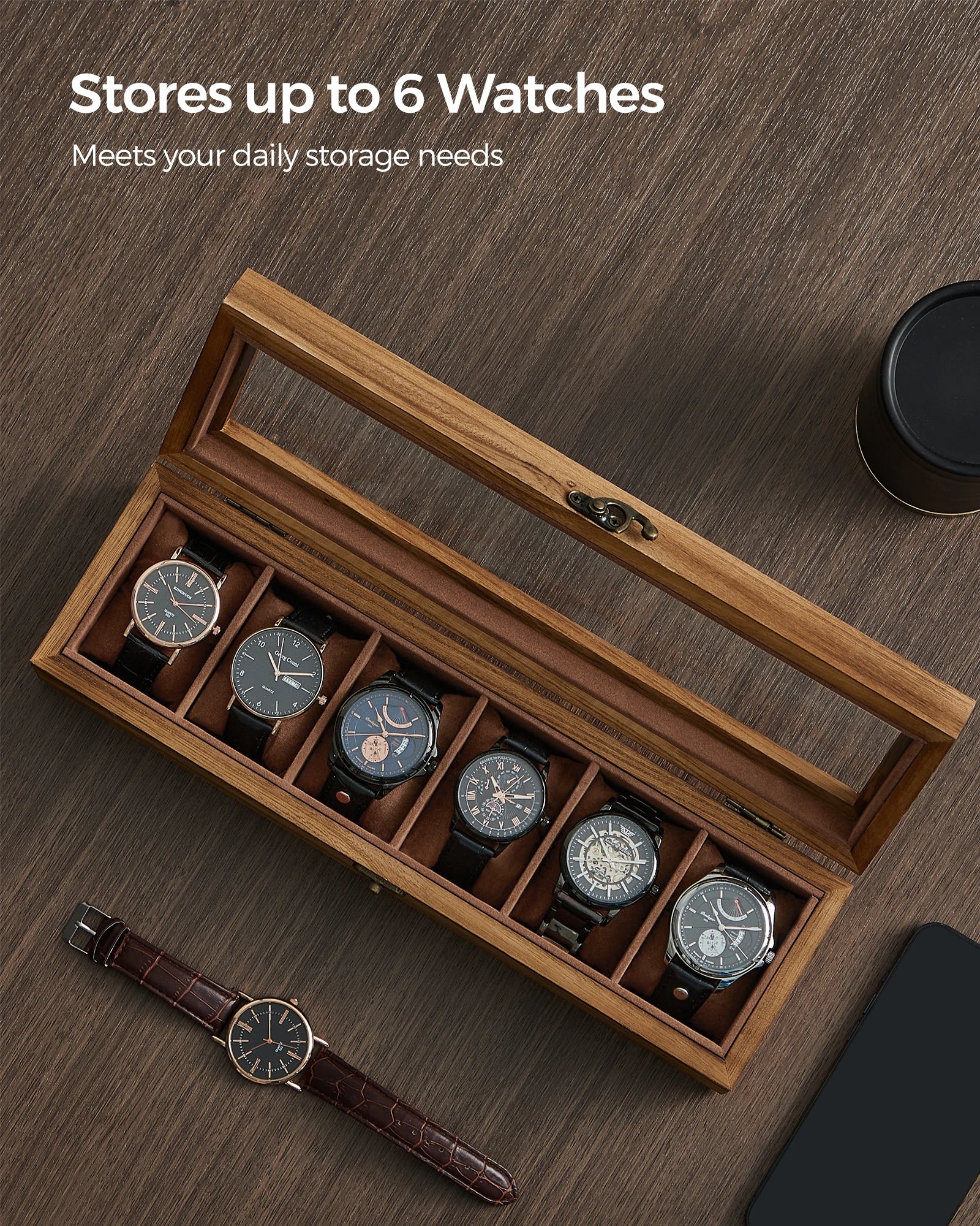 Rustic 6-Slot Wooden Watch Display Box with Glass Lid and Velvet Lining