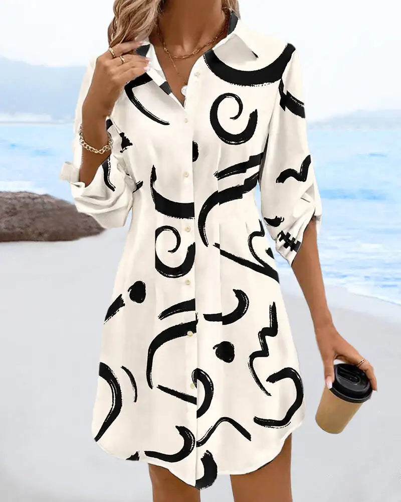 Serenity Abstract Waist-Cinch Dress – White