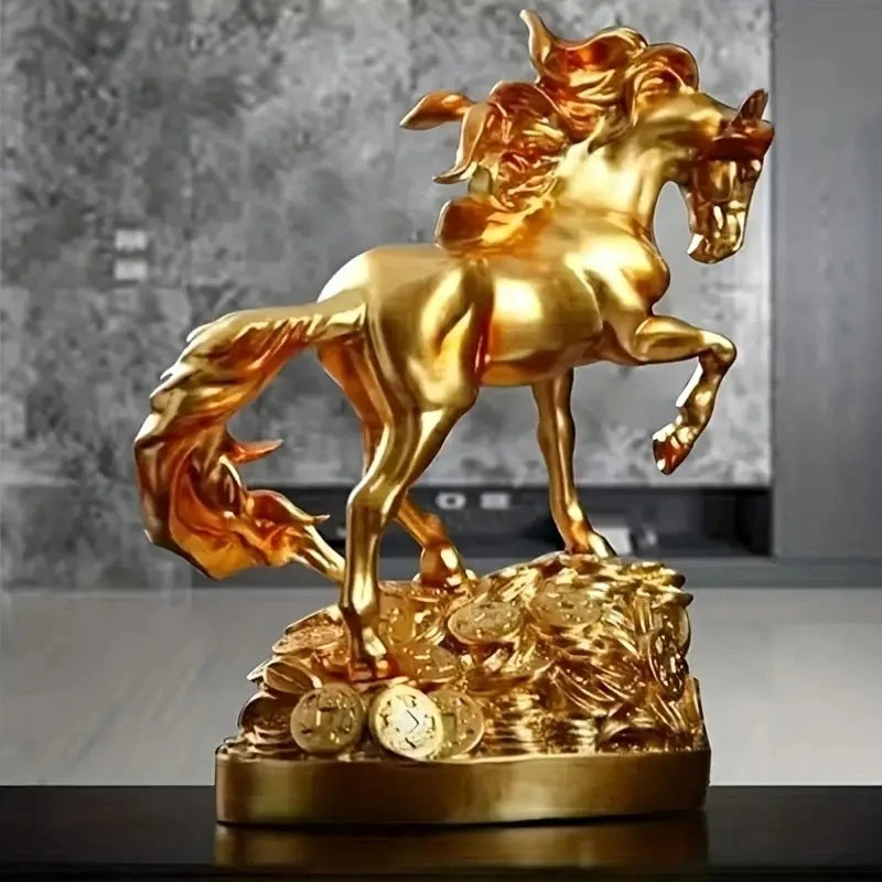 GALLOPING HORSE WITH TREASURE COINS | 14-Inch Brass Feng Shui Sculpture