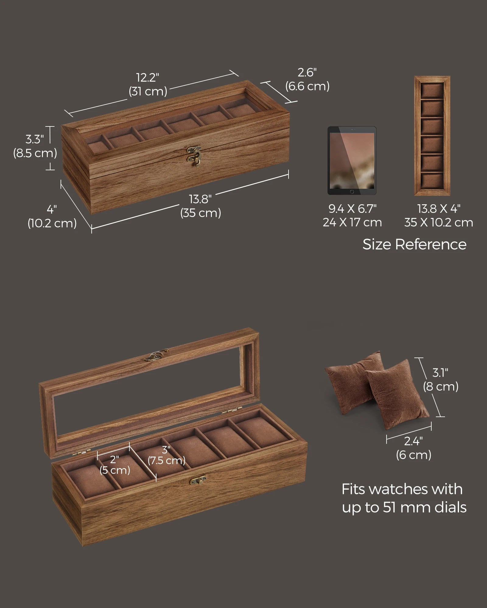 Rustic 6-Slot Wooden Watch Display Box with Glass Lid and Velvet Lining