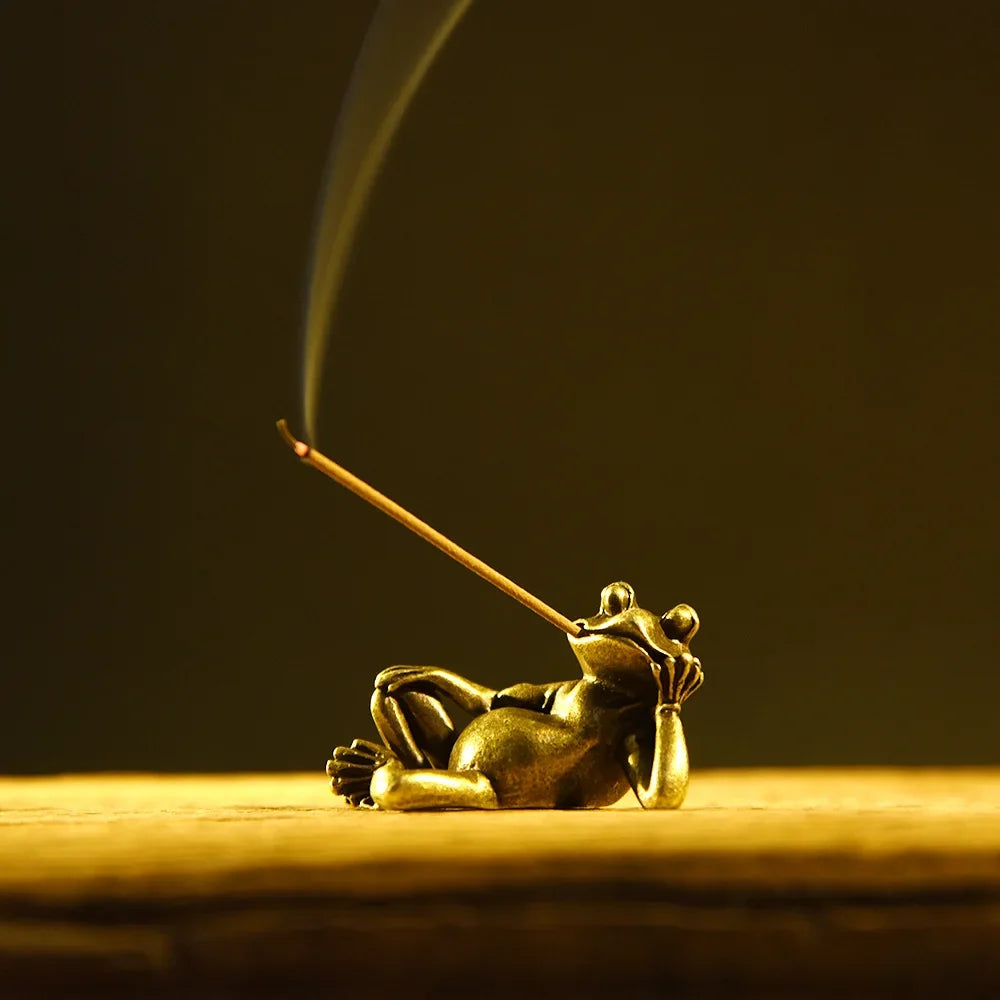 Miniature Brass Frog Incense Holder Sculpture