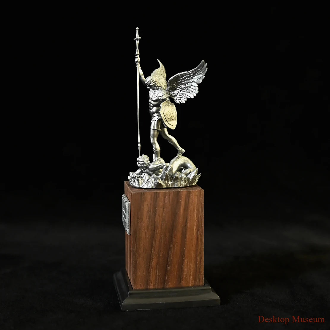 Saint Michael Warrior Figure on Walnut Pedestal