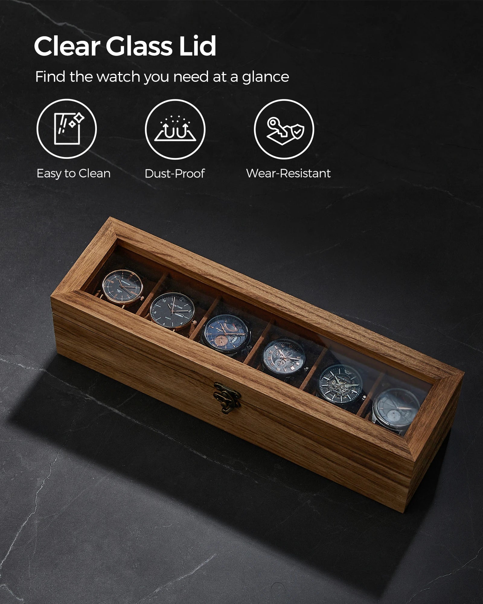 Rustic 6-Slot Wooden Watch Display Box with Glass Lid and Velvet Lining