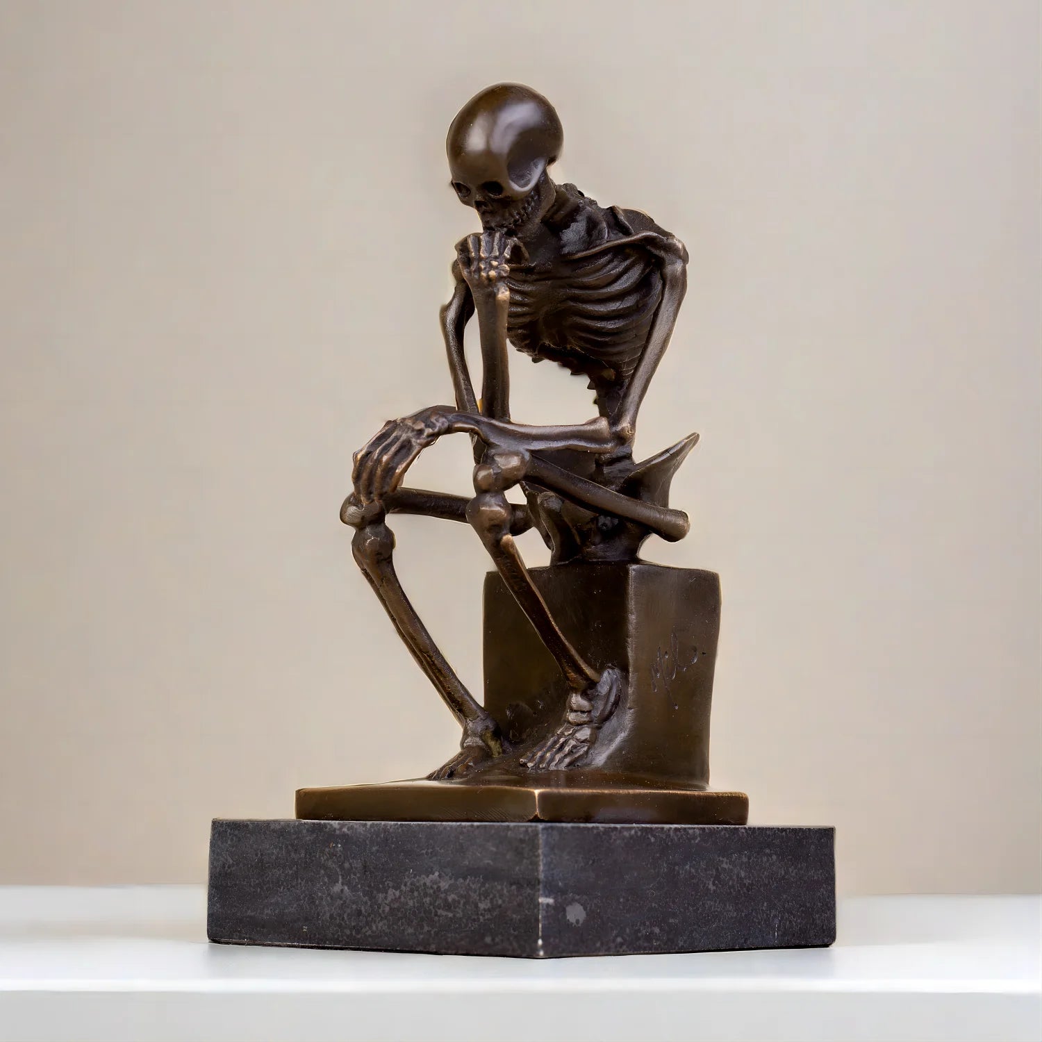 The Mortality - Skull Thinker Bronze Sculpture on Marble Base