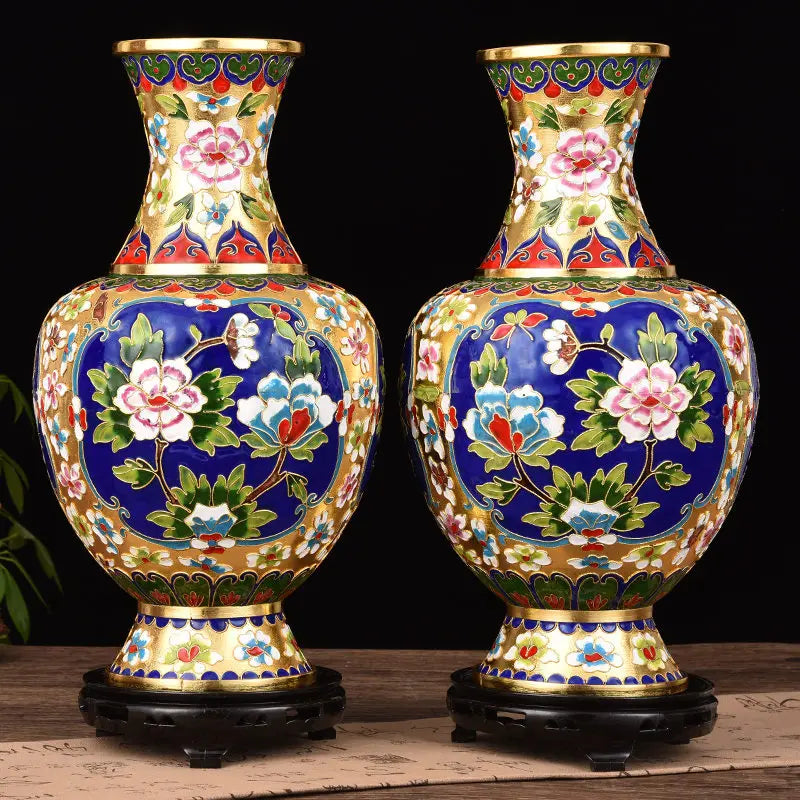 Imperial Pair - Cloisonné Enamel Vases with Floral Motifs