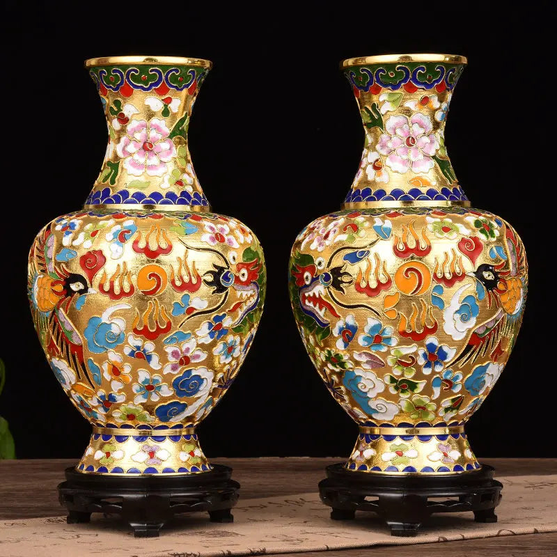 Imperial Pair - Cloisonné Enamel Vases with Floral Motifs