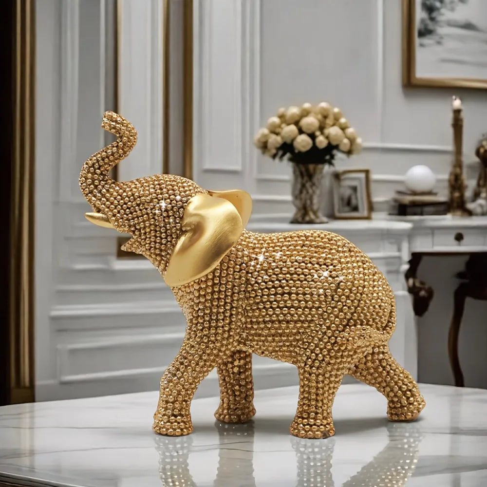 Textured Elephant Figurine – Gold Resin Prosperity Symbol