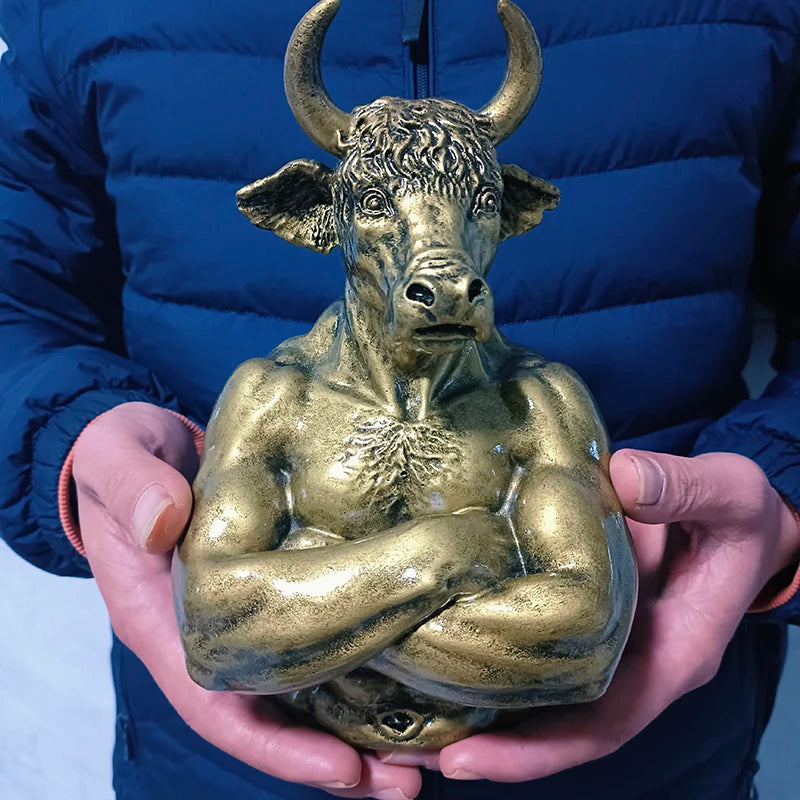 Titan Bull – Crossed-Arms Golden Bull Head Sculpture
