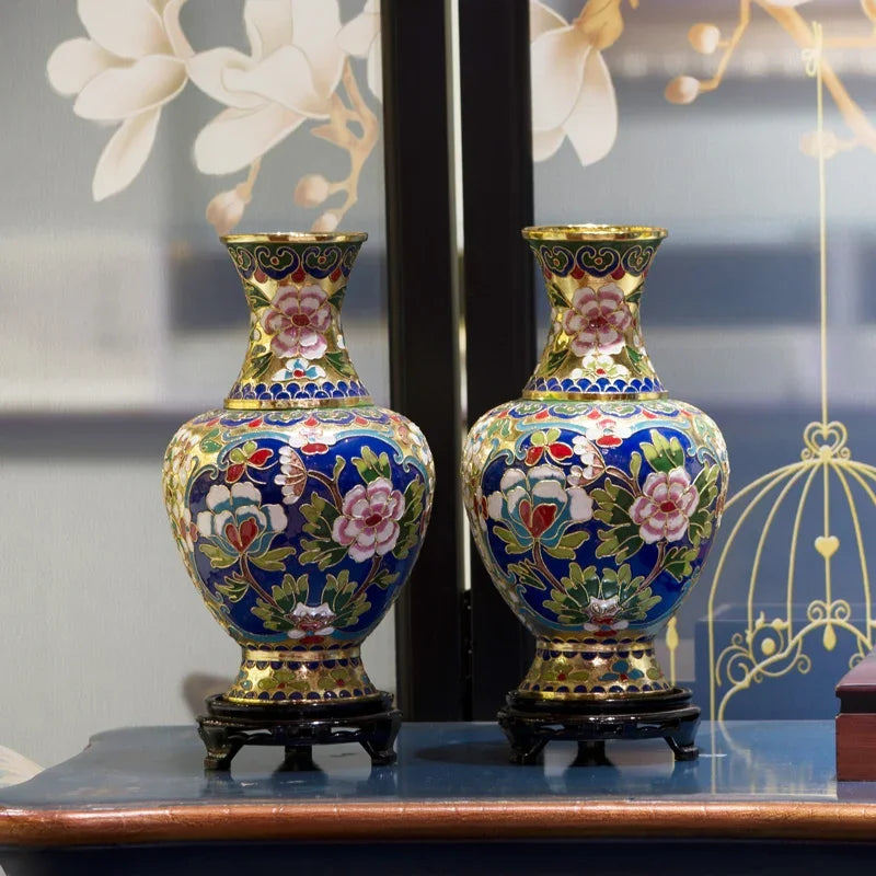 Imperial Pair - Cloisonné Enamel Vases with Floral Motifs