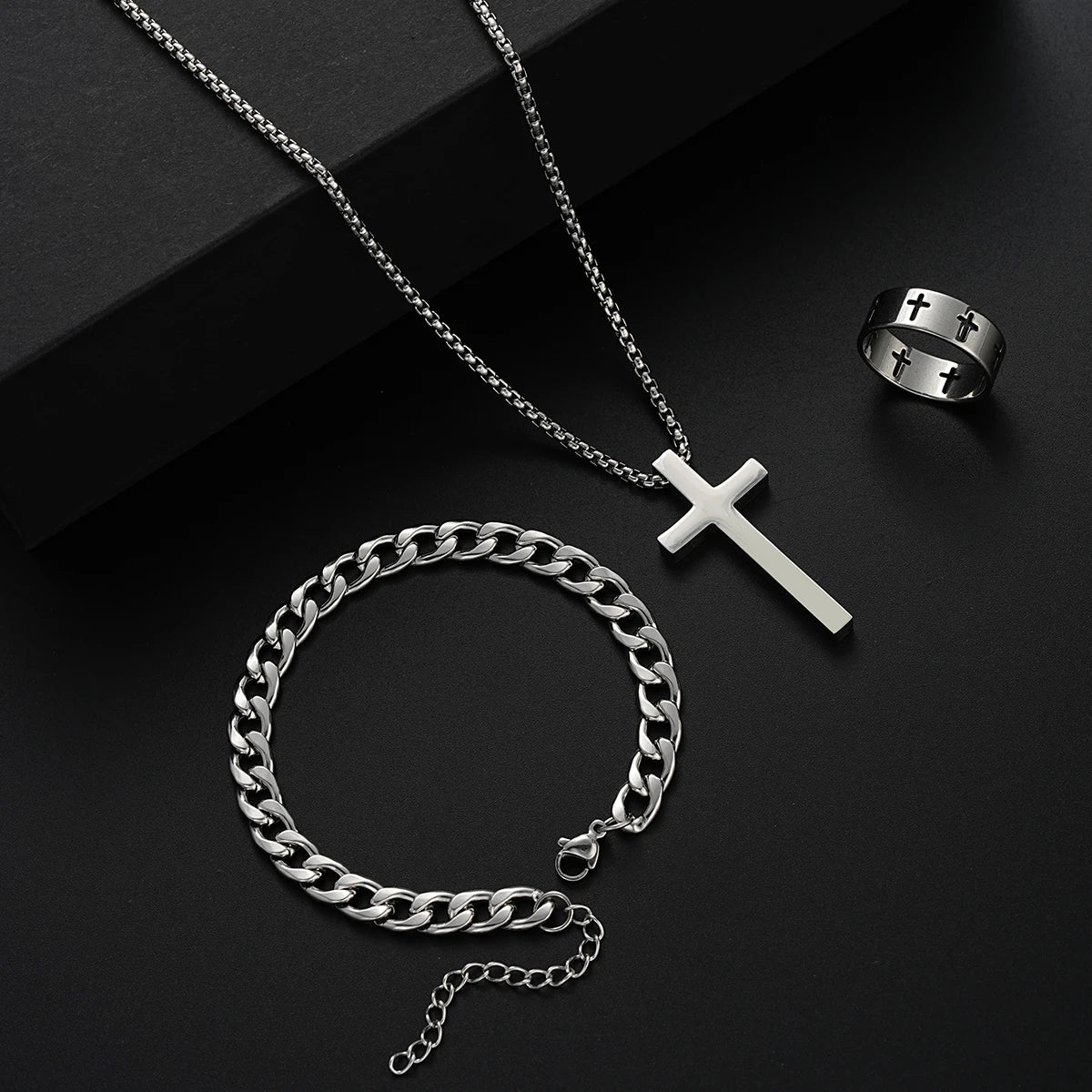 TrinitySteel™ – Pendent da Cross, Ring engravà & Set da Braccialett