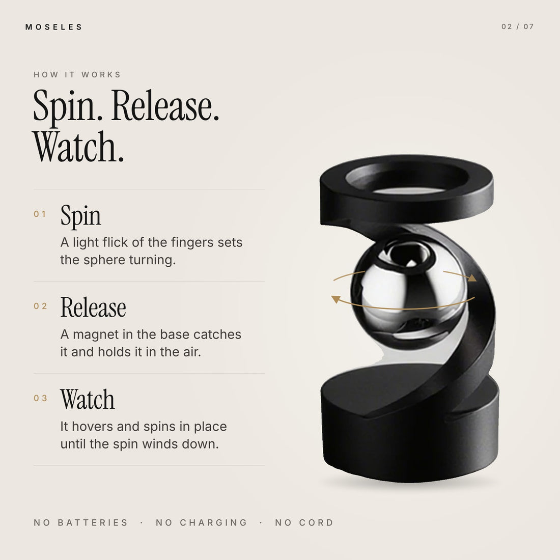 How the levitation spinner works: spin the sphere by hand, release it, and it hovers above the magnetic base