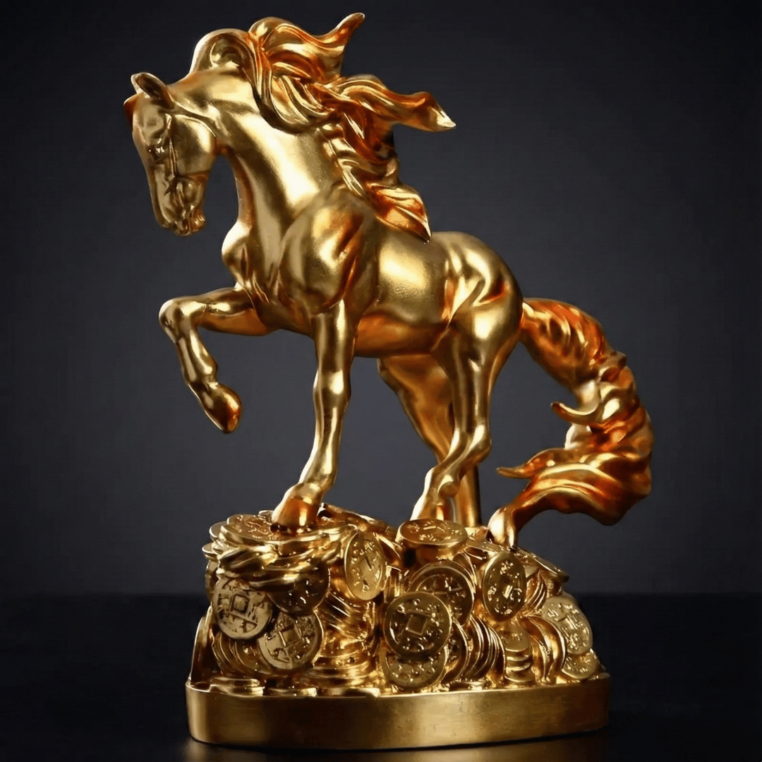 GALLOPING HORSE WITH TREASURE COINS | 14-Inch Brass Feng Shui Sculpture