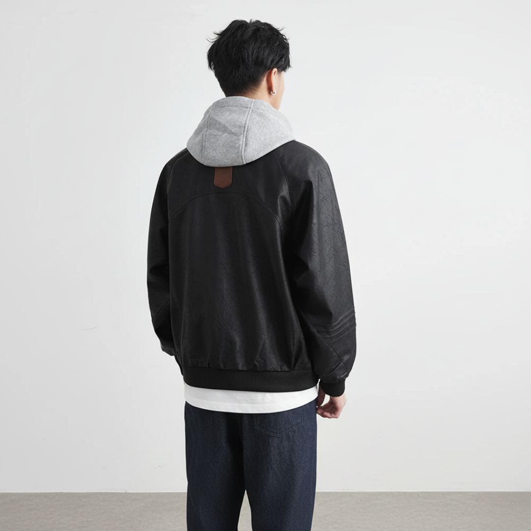 Faux Leather Motorcycle Jacket with Hood