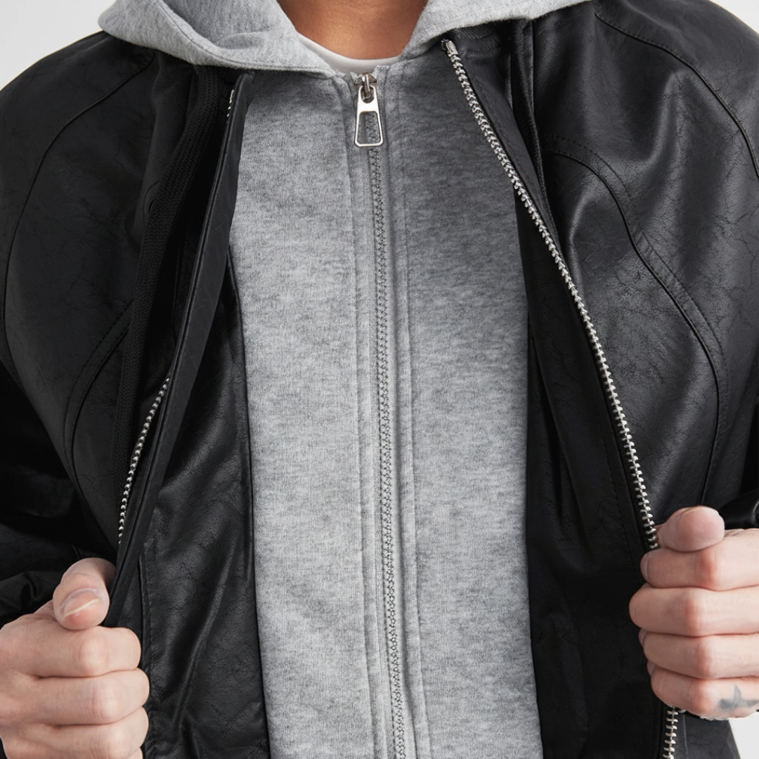 Faux Leather Motorcycle Jacket with Hood