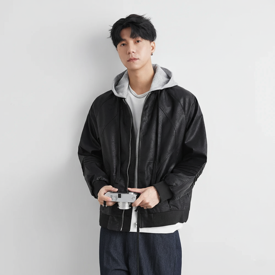 Faux Leather Motorcycle Jacket with Hood