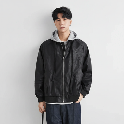 Faux Leather Motorcycle Jacket with Hood