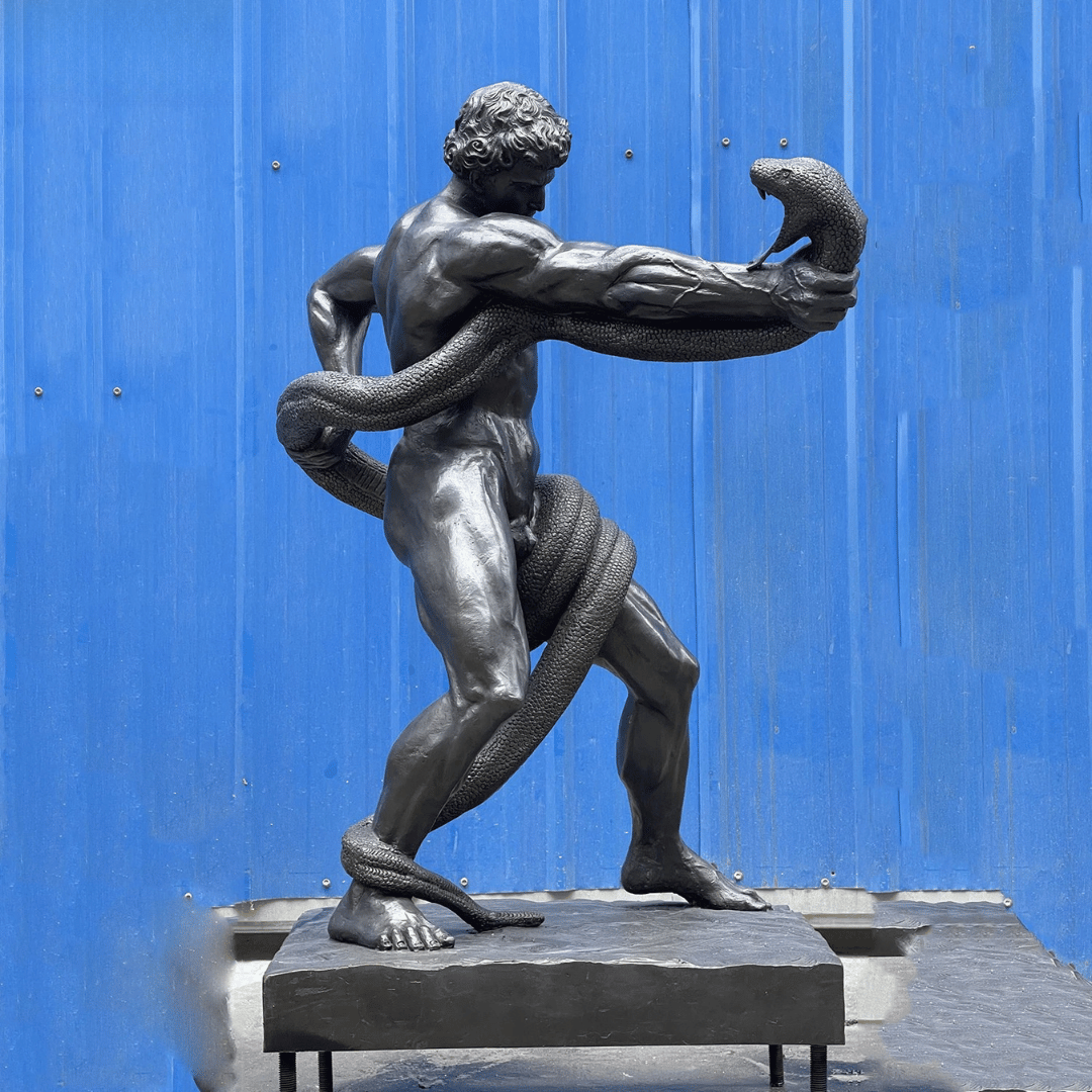 THE WRESTLER | Greek Warrior and Serpent Bronze Sculpture
