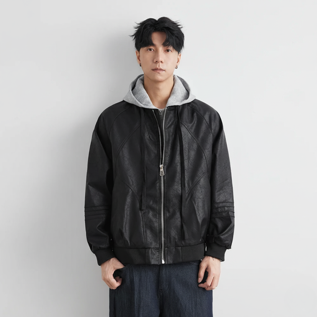 Faux Leather Motorcycle Jacket with Hood