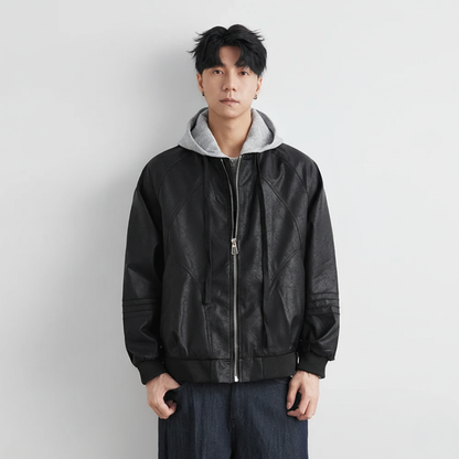 Faux Leather Motorcycle Jacket with Hood
