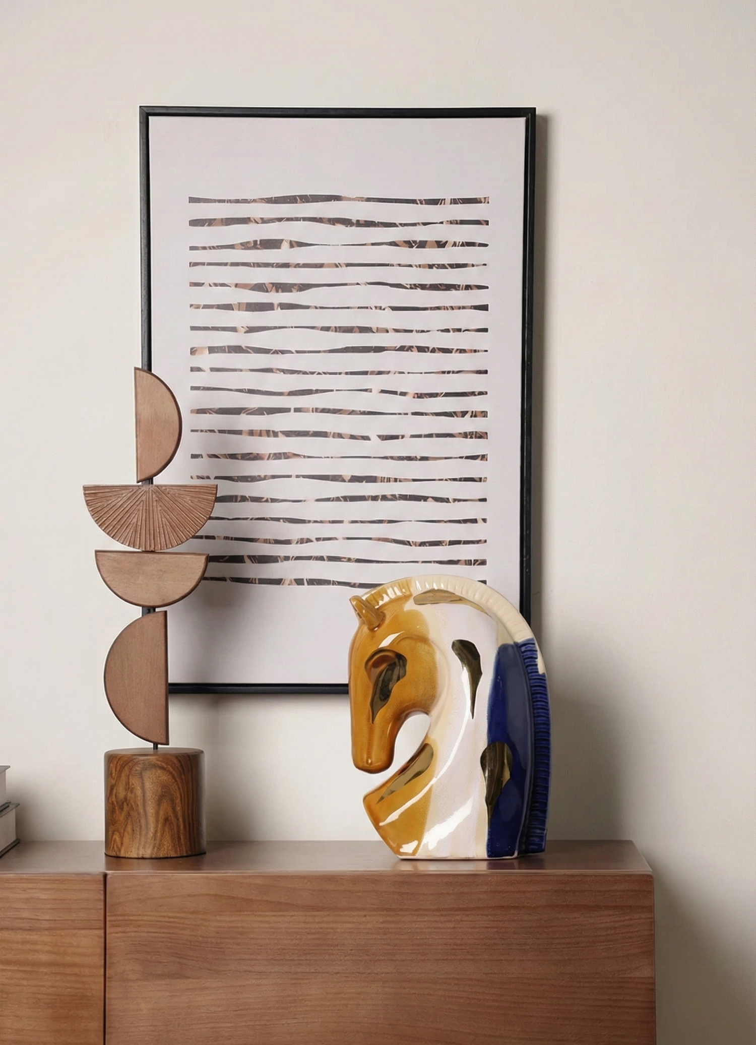 Tricolor Elegance - Abstract Ceramic Horse Sculpture