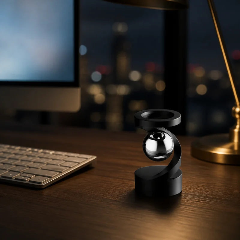 Black levitation spinner on a walnut work desk at night beside a keyboard and brass desk lamp