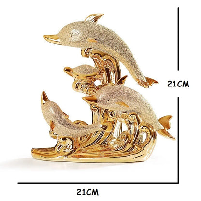 Leaping Trio - Three Dolphins on Golden Waves Sculpture