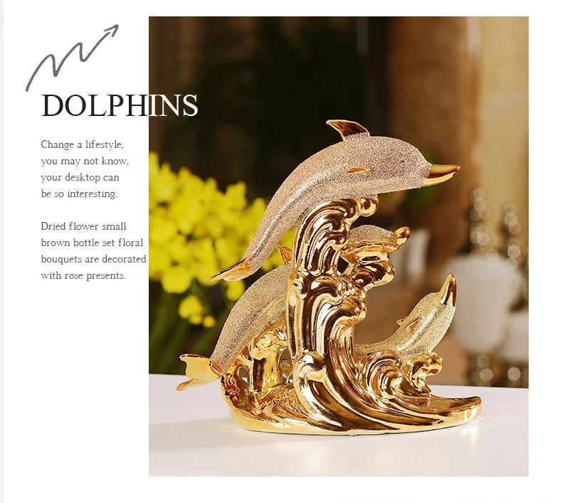 Leaping Trio - Three Dolphins on Golden Waves Sculpture