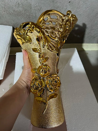 VASE WITH RAISED GOLD FLOWERS | 15-Inch Baroque Relief Sculpture