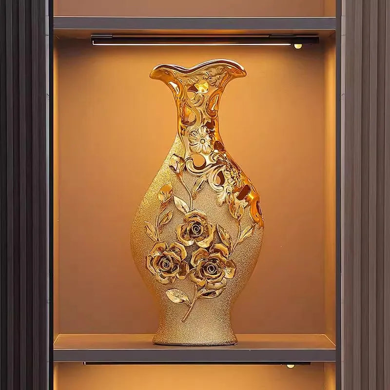 VASE WITH RAISED GOLD FLOWERS | 15-Inch Baroque Relief Sculpture